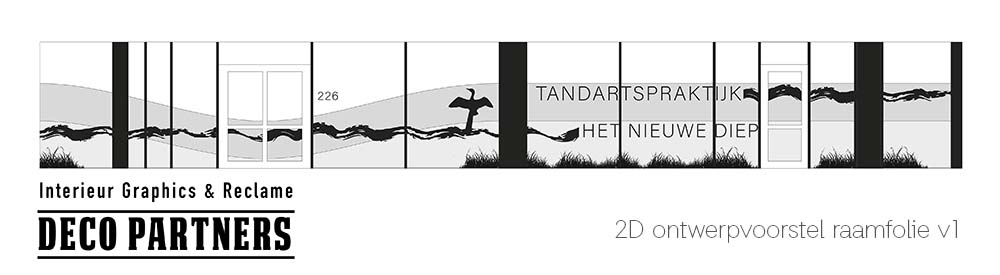 2D ontwerpvoorstel maatwerk raamfolie voor tandartspraktijk, gesneden matglasfolie met kust- en duinelementen zoals een aalscholver, riet en golven