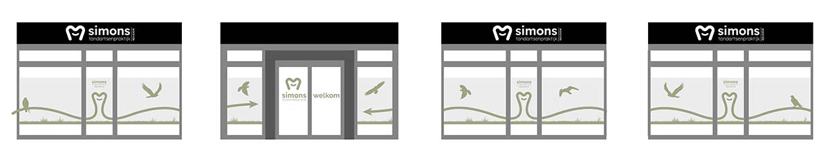 Ontwerpvoorstel voor tandartspraktijk met matglasfolie, groene buizerds, huisstijl, wayfinding en gevelbelettering