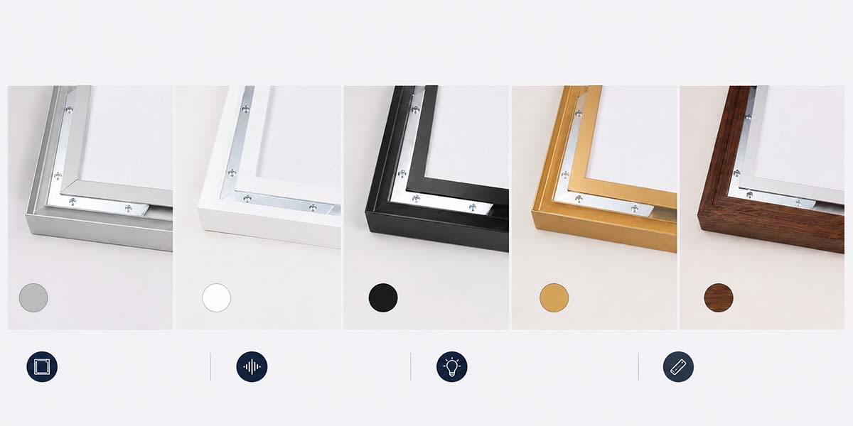 Textielframes in zilver aluminium, wit, zwart, goud en hout voor verwisselbare textiele wandbekleding.