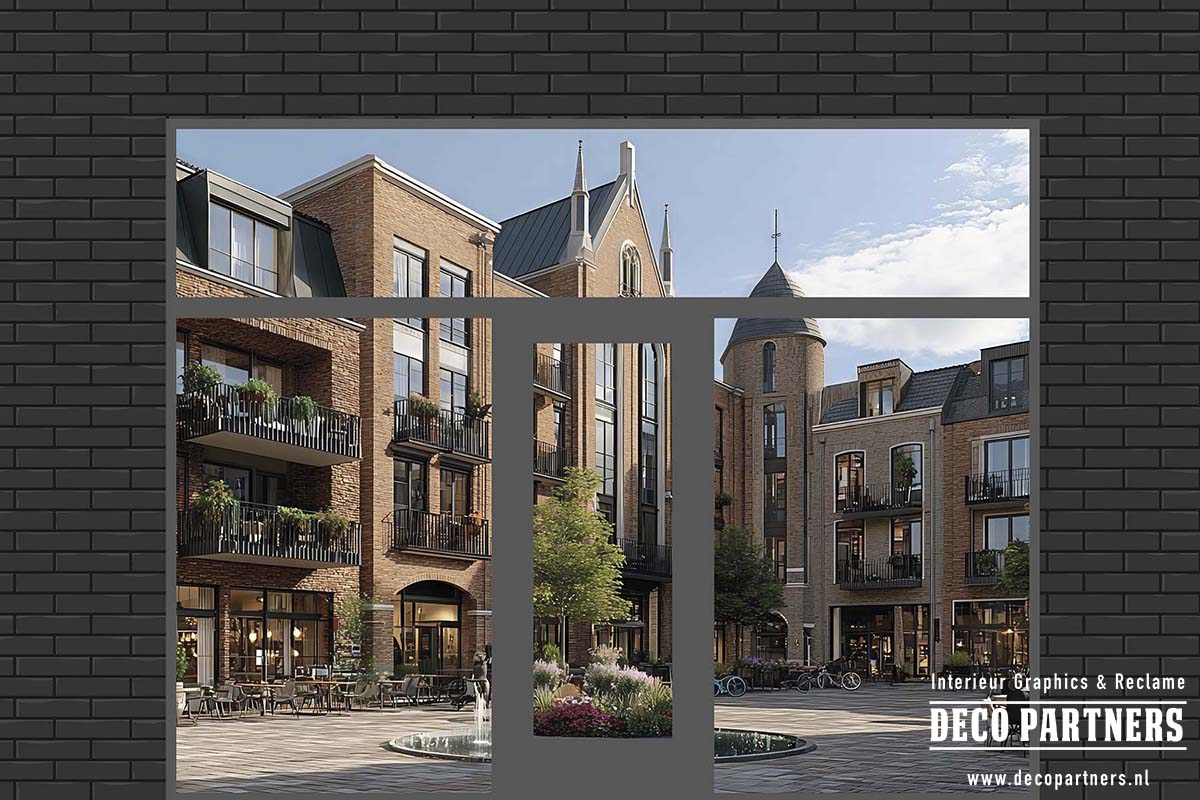Ontwerpvoorstel voor tijdelijke raambestickering van leegstaand pand met AI-beelden