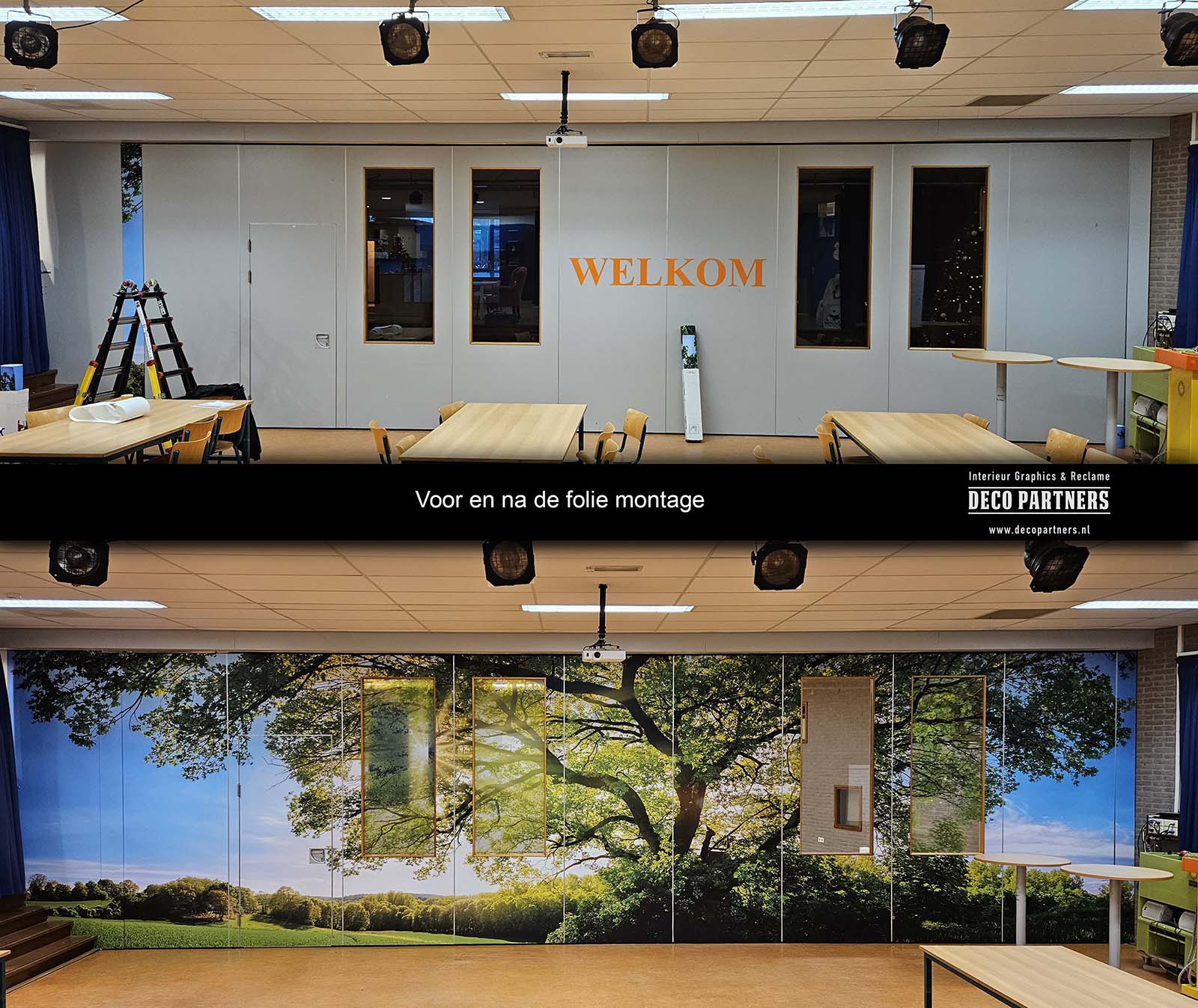 Schoolaula in Utrecht voor en na de transformatie met folieprint, van een kale wand naar een levendig landschap.