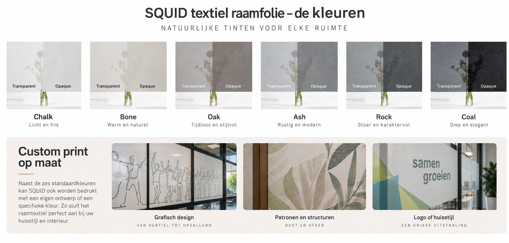 Overzicht van SQUID textiel raamfolie in de kleuren Chalk, Bone, Oak, Ash, Rock en Coal met voorbeelden van custom print op maat.