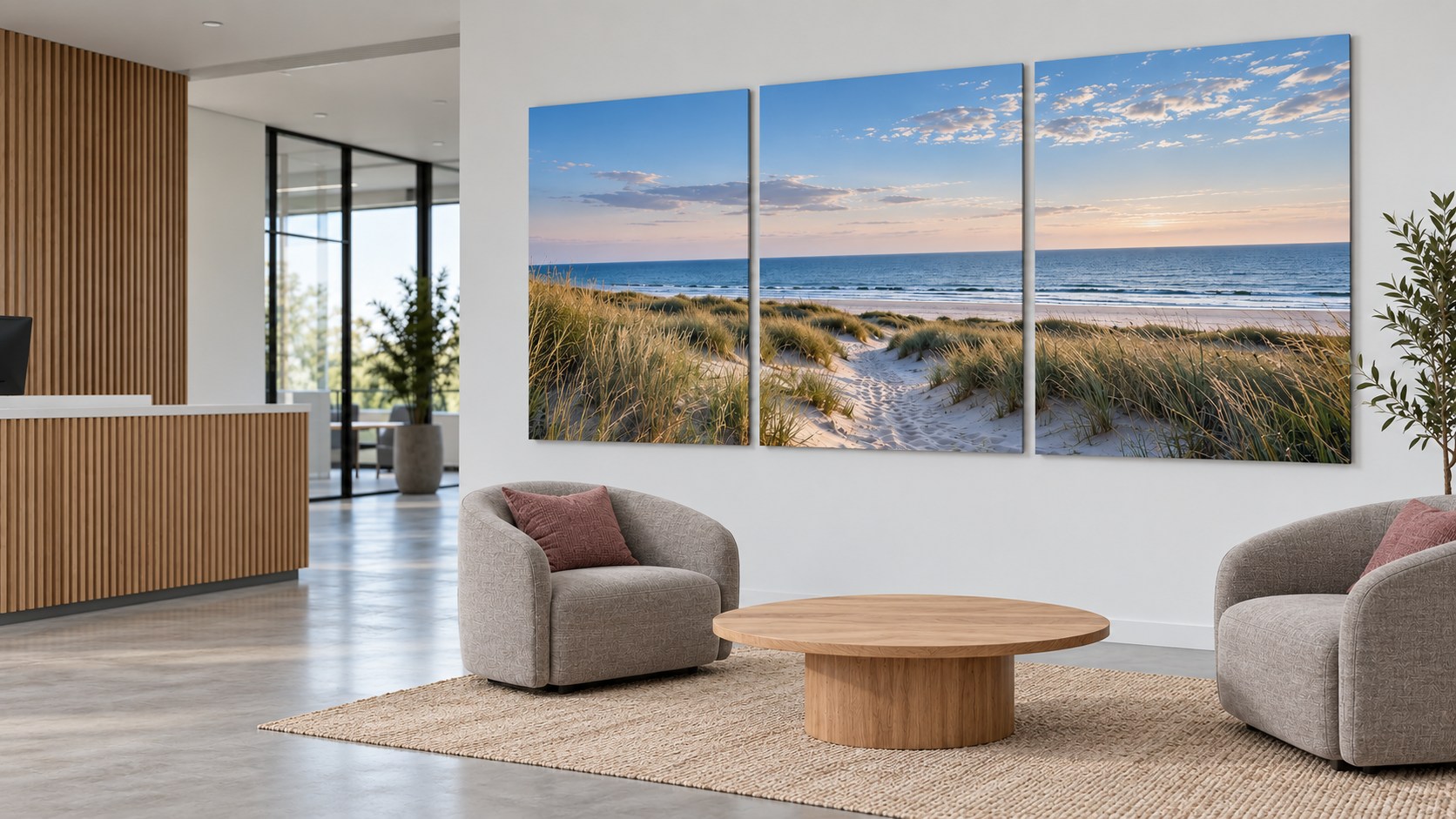 Drie afzonderlijk gemonteerde fotopanelen met een doorlopend duinlandschap boven een zitgedeelte.