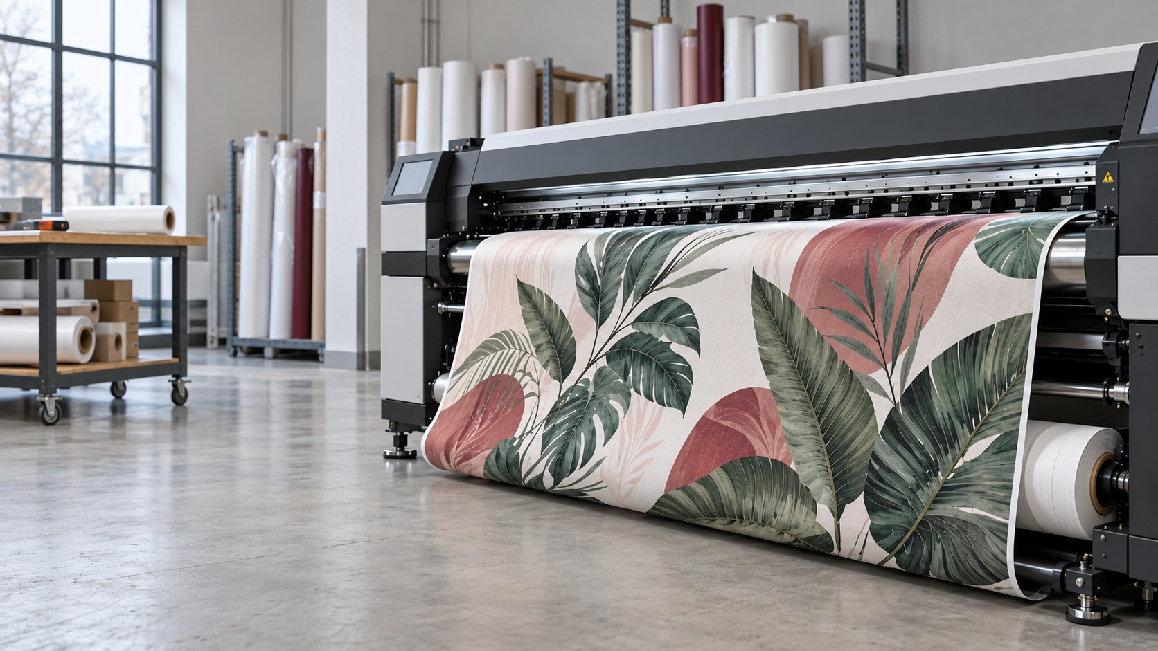 Grootformaatprinter die een brede botanische wandprint produceert in een lichte professionele werkruimte.