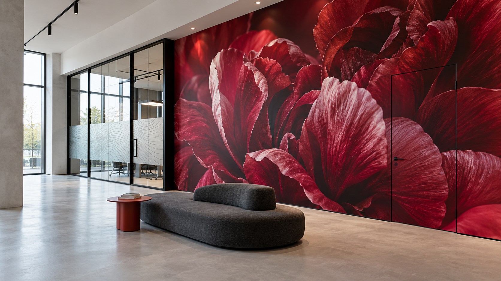 Moderne ontvangstruimte met een wandvullende bordeauxrode bloemenprint die over een deur doorloopt, privacyfolie op glas en grijze zitmeubels.
