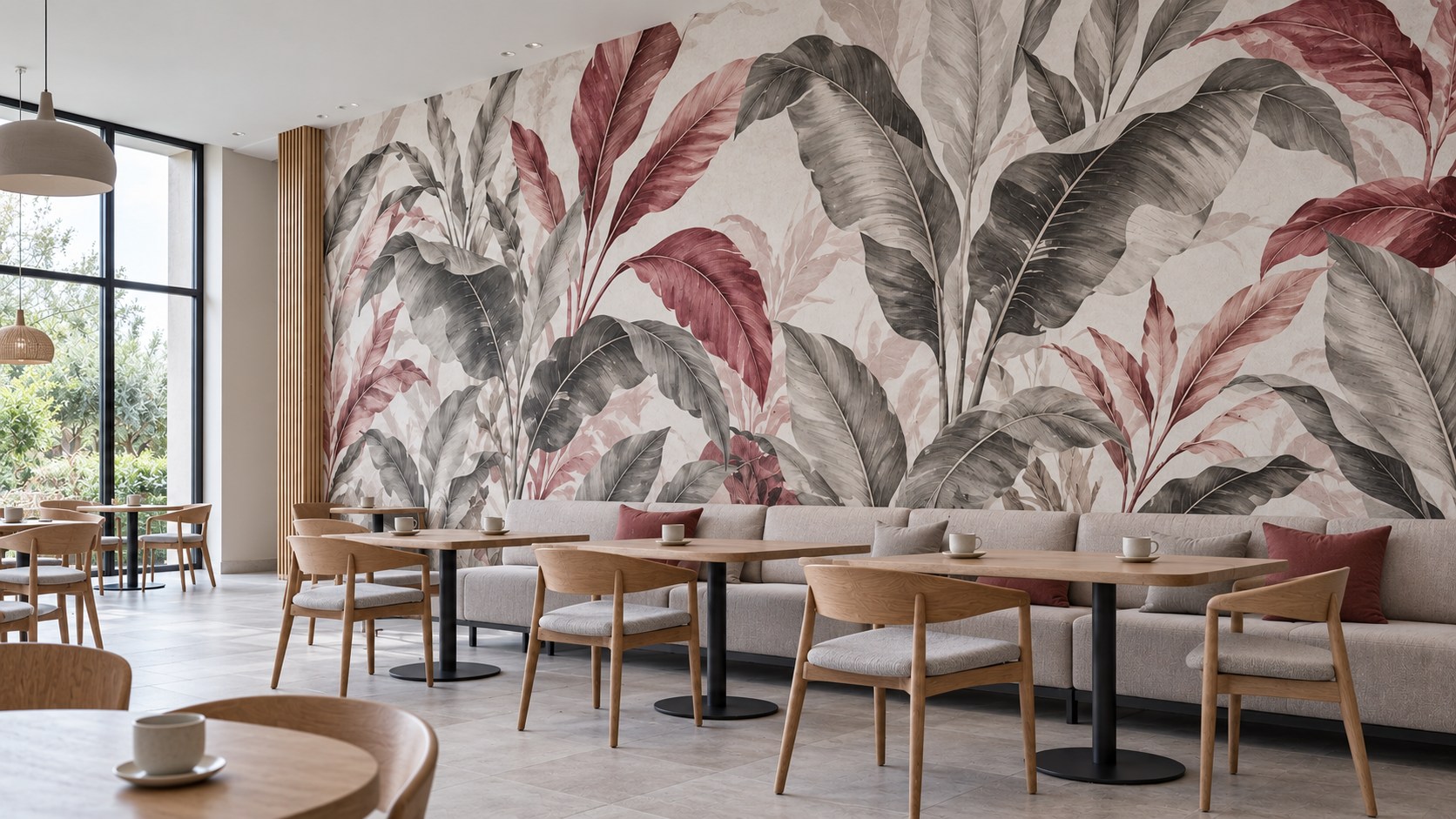 Naadloze wandbekleding met een doorlopend botanisch ontwerp in een lichte lounge met houten tafels.