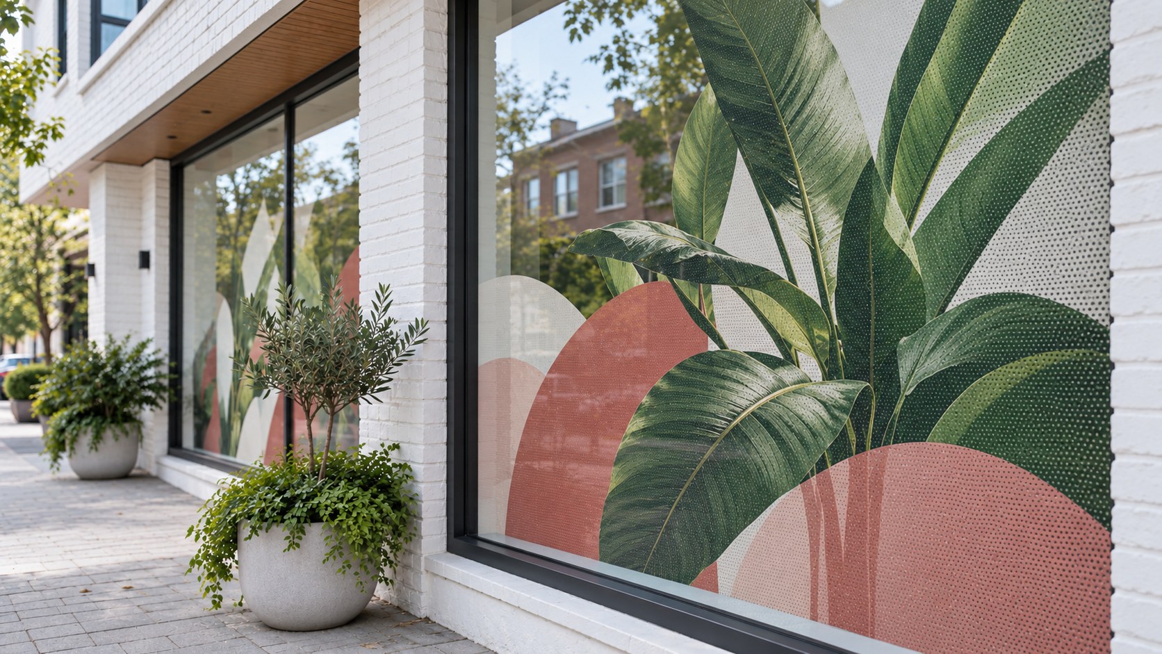 Botanische raamreclame op geperforeerde One Way Vision folie over de glaspartijen van een winkelpui.