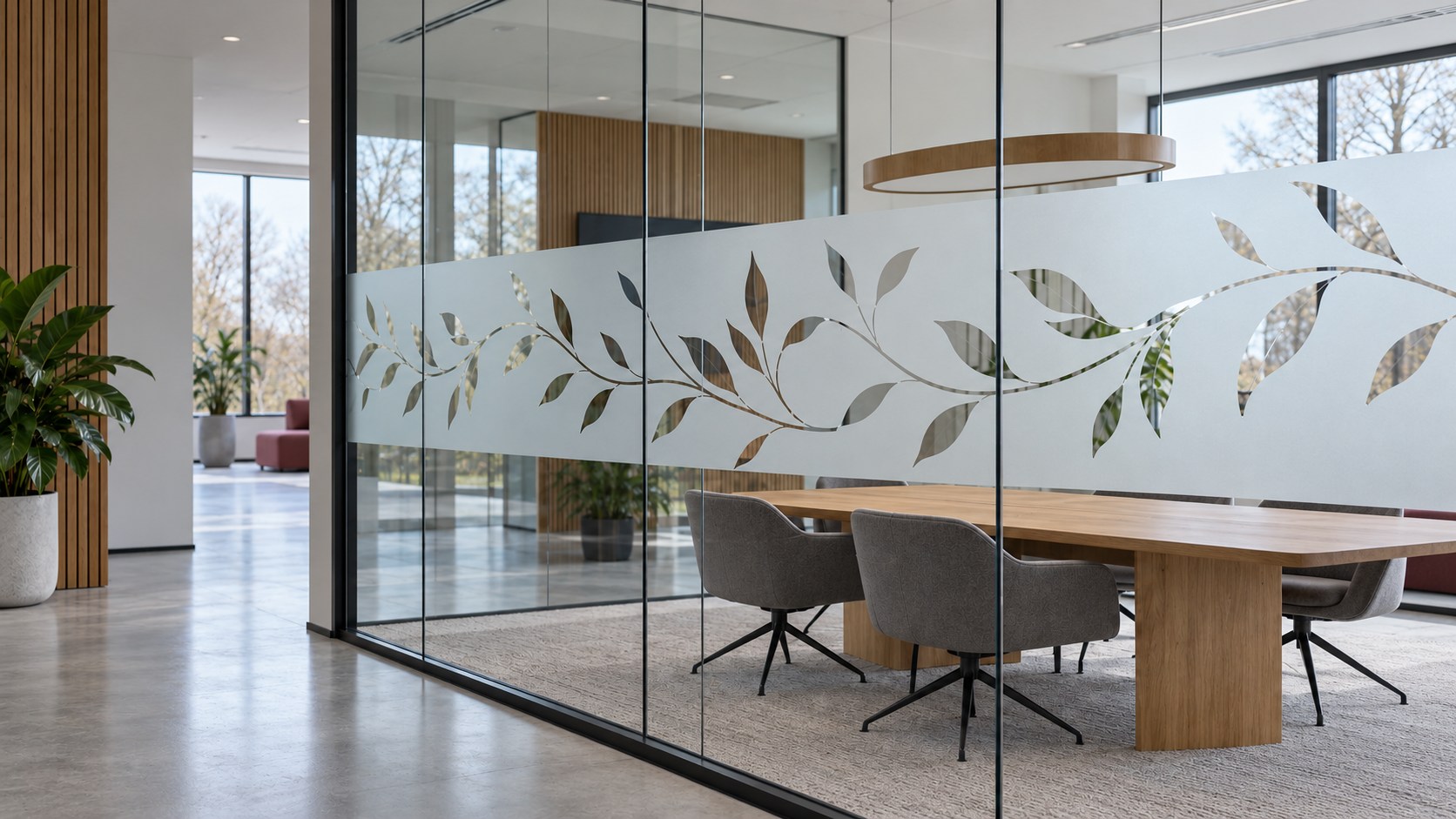 Matglasfolie met uitgesneden bladeren op glazen kantoorwanden, met daglicht, grijze stoelen en een houten vergadertafel.