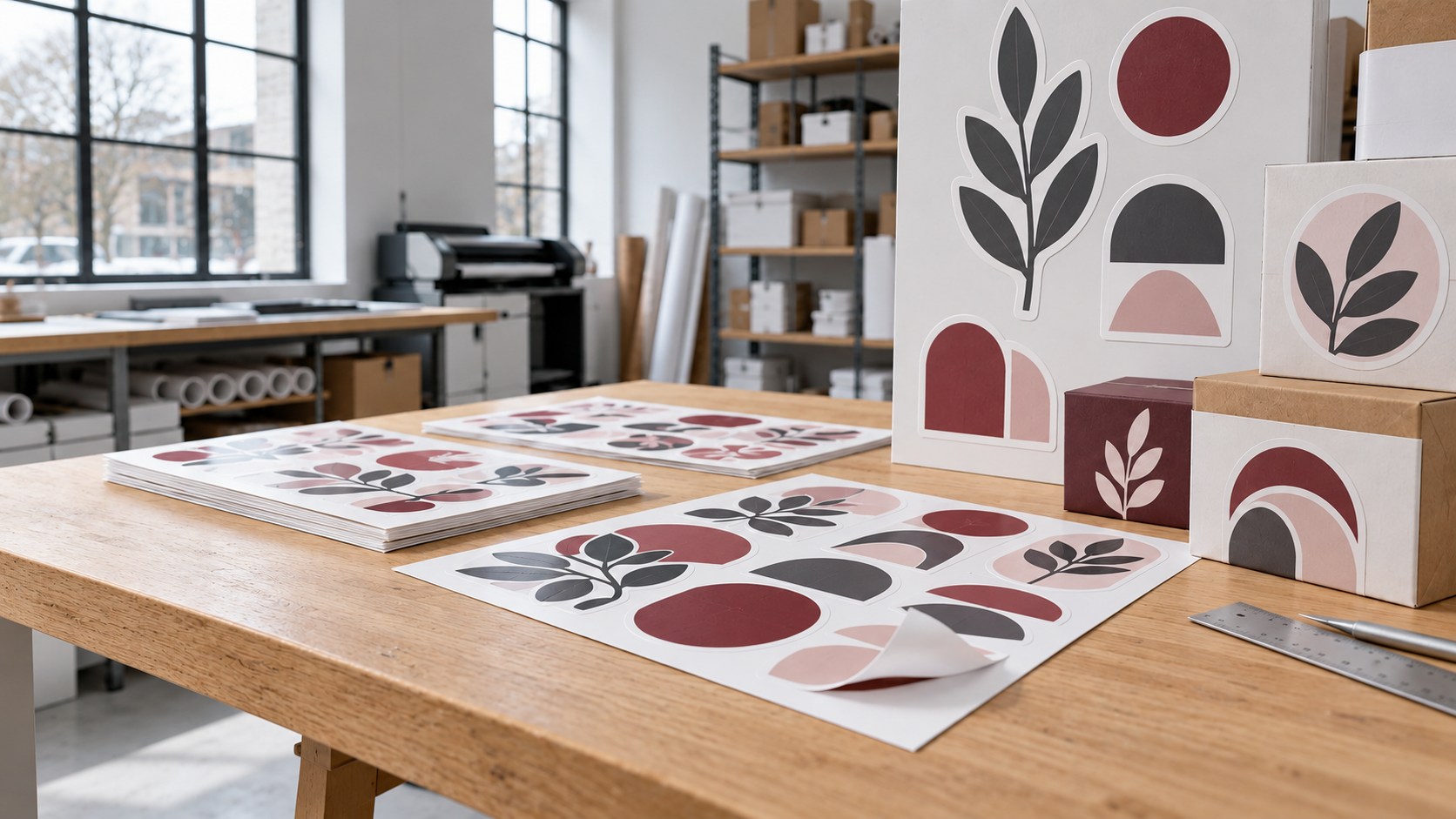 Contourgesneden reclamestickers op schutvellen en verpakkingen, met een samenhangend botanisch ontwerp.