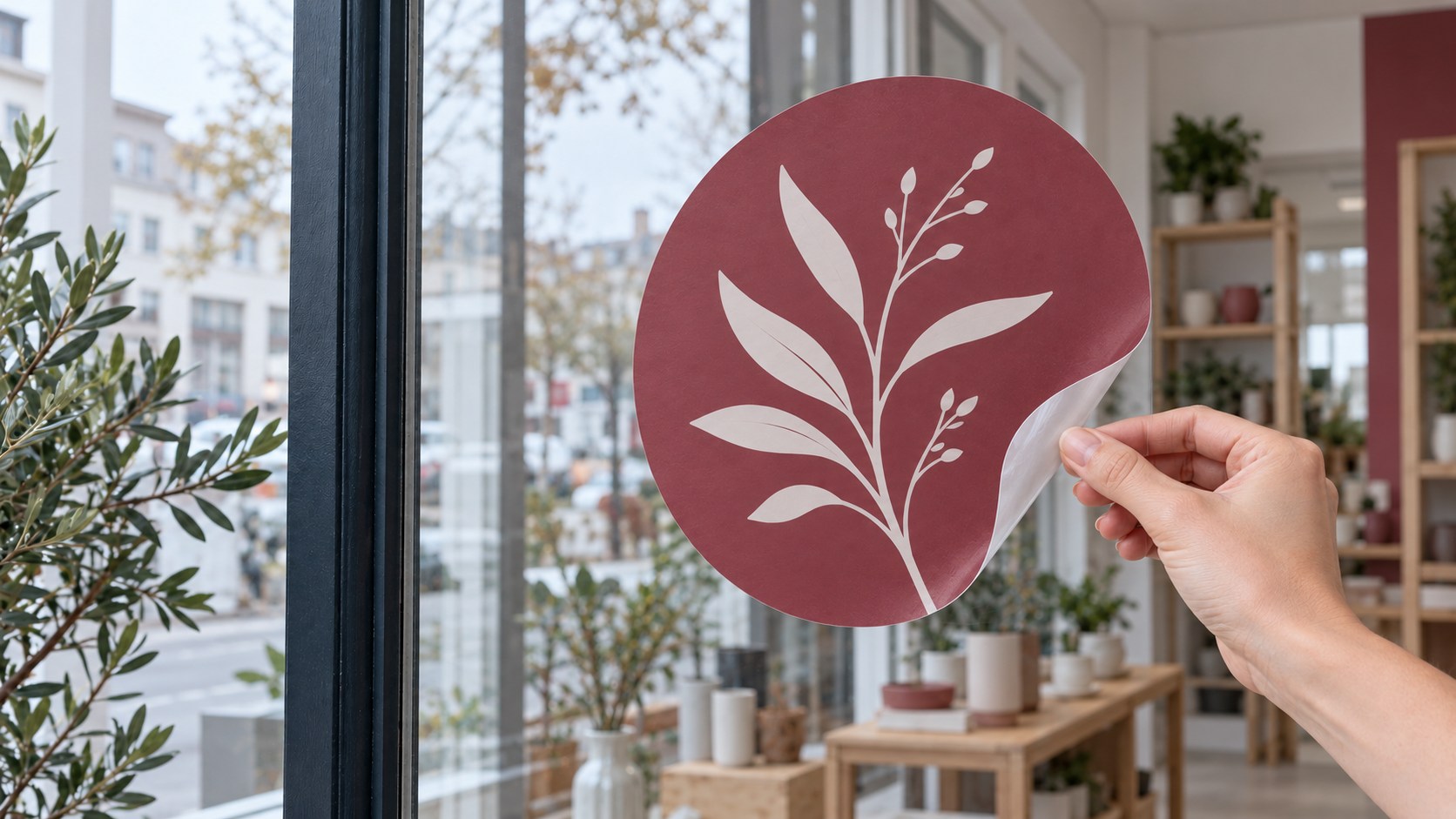 Ronde statische raamsticker met een botanisch ontwerp waarvan een hoek van het glas wordt losgenomen.