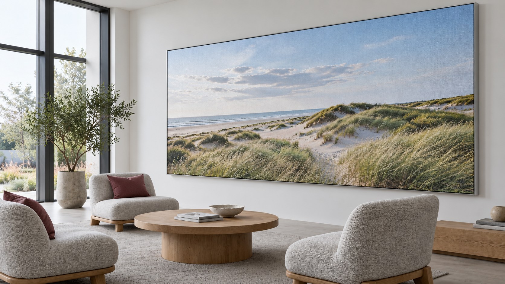 Strak gespannen fotodoek met een duinlandschap in een slank aluminium textielframe aan een lichte wand.