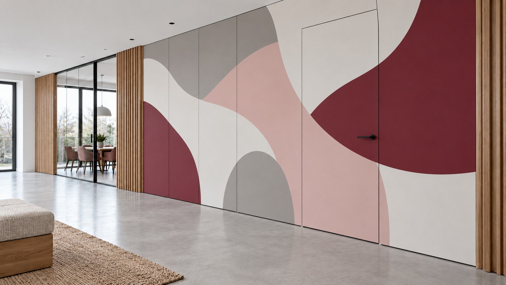 Grafische wandfolie in grijs, roze en bordeauxrood die doorloopt over wandpanelen en een vlakke deur.