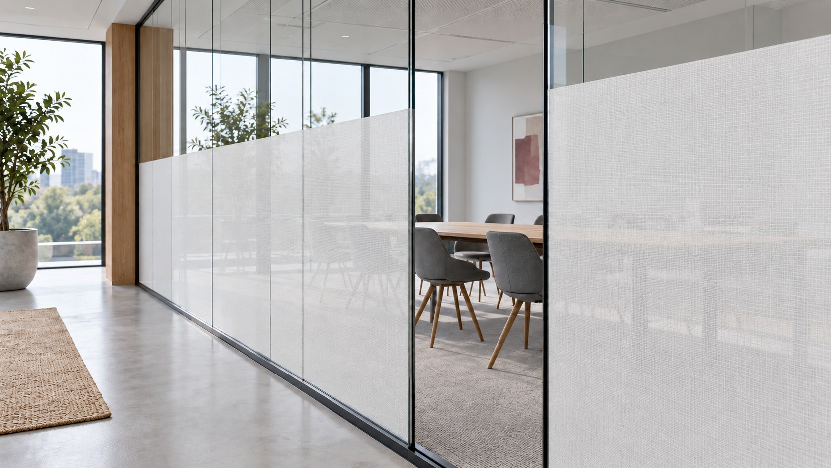 Fijn geweven licht raamtextiel dat vlak op glazen kantoorwanden is aangebracht voor een zachte uitstraling.